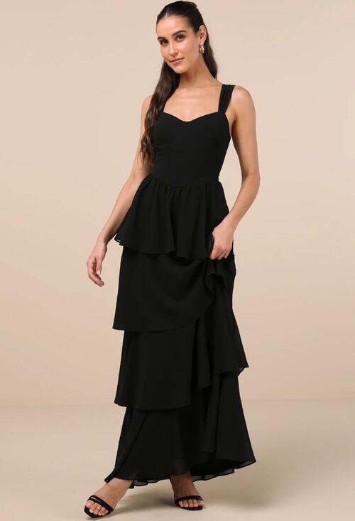 Lulus Dresses & Skirts - Lulus Carlynda Black Tiered Bustier Chiffon Basque Waist A Line Maxi Dress M